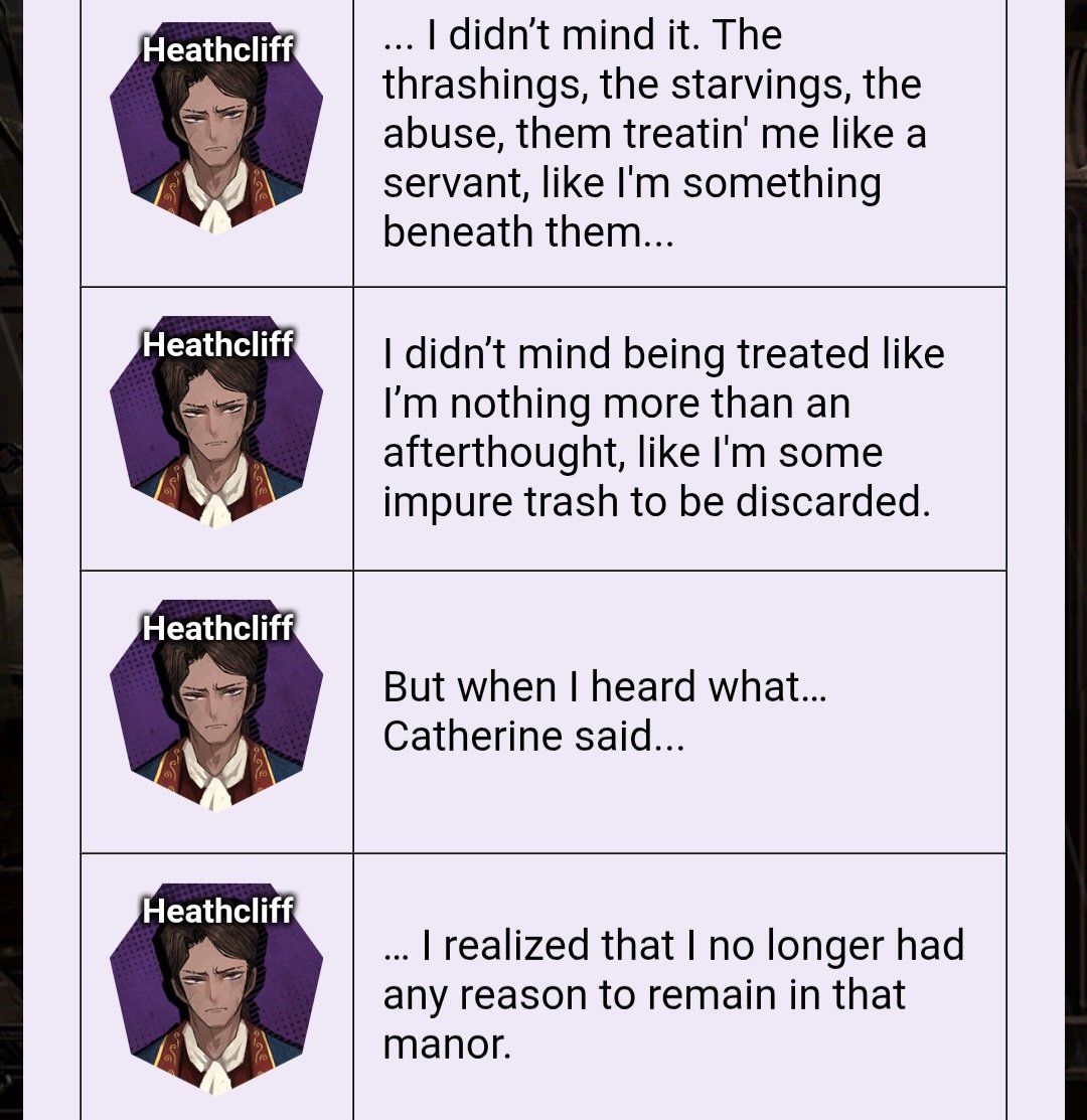 lcb676's tweet photo. Heathcliff has this arguably naive mindset wherein he's willing to endure abuse and humiliation in search of what I assume to be something like future love or acceptance https://t.co/ttrngrJmJV