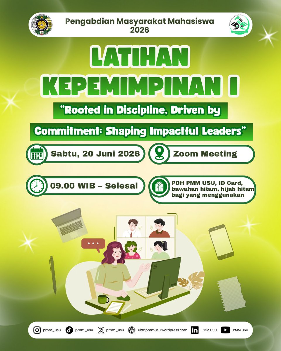 pmm_usu's tweet photo. [Latihan Kepemimpinan I]

Halo PMM'ers! 👋
Program Kerja Latihan Kepemimpinan I akan dilaksanakan pada:

📅 Hari/Tanggal: Sabtu, 20 Juni 2026
⏰ Waktu: 09.00 WIB – Selesai
📍 Tempat: Zoom Meeting
🔗 Link Zoom: https://t.co/HyBaEvG7aN https://t.co/5K0lssvB4d