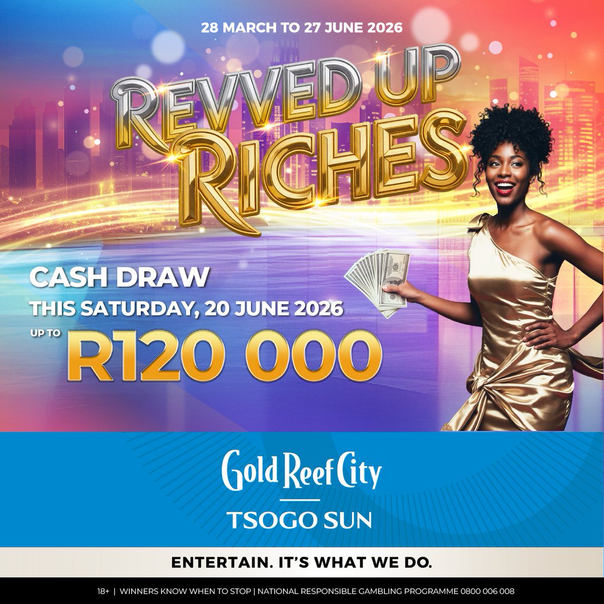 GoldReefCitySA's tweet photo. 🔞 18+ | Tomorrow, 20 June - someone's dreams could become reality. 💰
With up to R120,000 up for grabs, the final Revved Up Riches Cash Draw is set to deliver big wins, exciting multiplier rounds and one last chance to crack the safe and win the Progressive Jackpot.
Join us at Gold Reef City at 3pm, 7pm & 9pm - don't miss out. | Rules: https://t.co/xBr6mB2VcT