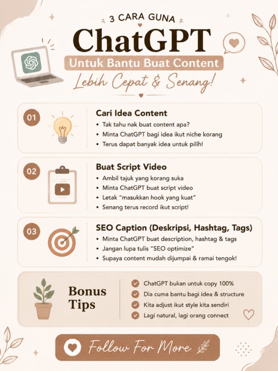 husnaamira22's tweet photo. Content creator &amp; belum guna ChatGPT?
  
1) Cari idea trending ikut niche  
2) Generate skrip video dengan hook kuat  
3) Buat deskripsi &amp; hashtag SEO-optimize  

Jimat masa &amp; boost engagement—jom cuba! 🚀

Full video 👇 

https://t.co/4pVwfsOyEM

Follow for more! https://t.co/eKsVAwRYmn
