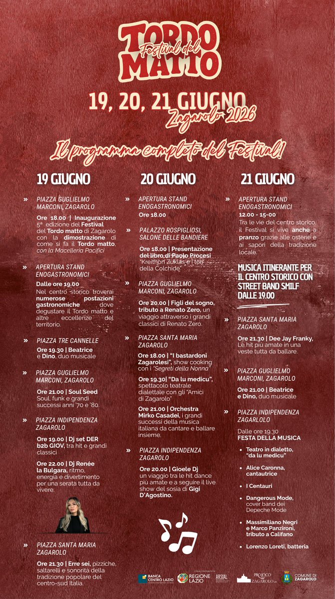 ComuneZagarolo's tweet photo. AL VIA STASERA IL FESTIVAL DEL TORDO MATTO DI ZAGAROLO! VI ASPETTIAMO! https://t.co/jInOTQLfeK