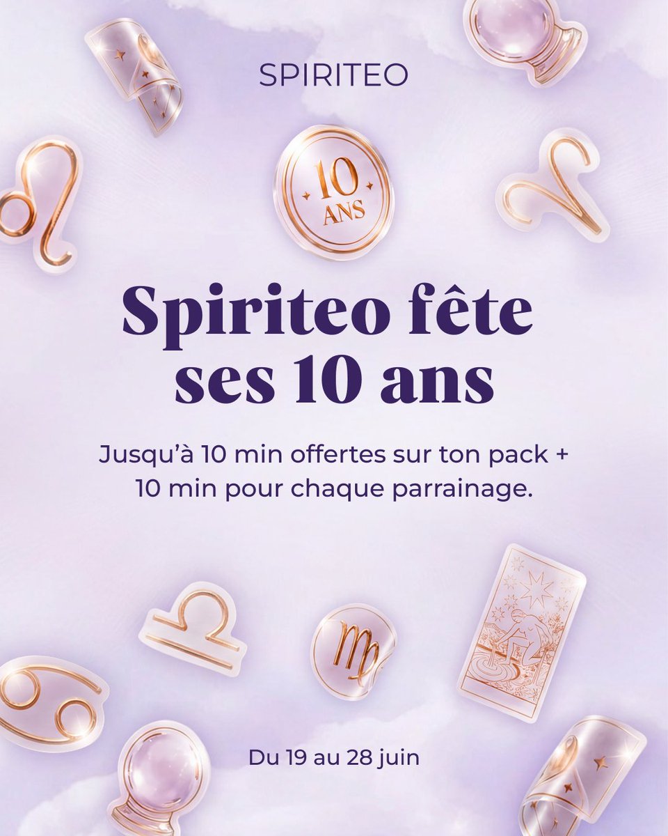 spiriteovoyance's tweet photo. 🎉 10 ans de SPIRITEO = offre exceptionnelle

Du 19 au 28 juin :
+5 à +10 min offertes sur les packs + parrainage boosté

✨ Jusqu’à 20 minutes offertes (≈20€)

C’est le moment parfait pour faire le point.

🔗 https://t.co/mpT59kQpPM

Tu attends quoi pour y voir clair ? https://t.co/AjJEDwVB0B