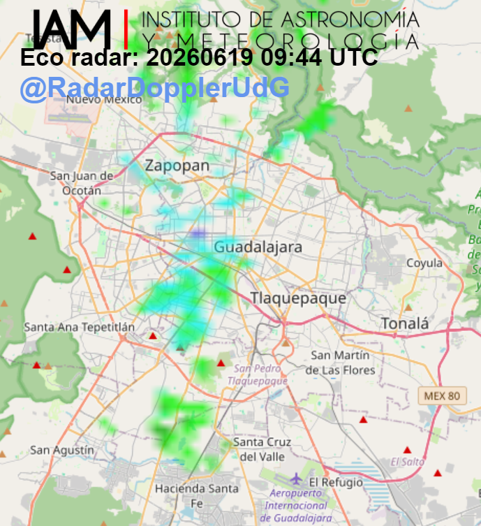 RadarDopplerUdG's tweet photo. Se registra #lluvia ligera por #ColoniadelFresno, #CruzdelSur, #Toluquilla y #RealdelValle. Y se registra #lluvia débil de manera dispersa en el #AMG. Continua la vigilancia meteorológica. https://t.co/vS3EZNagBV