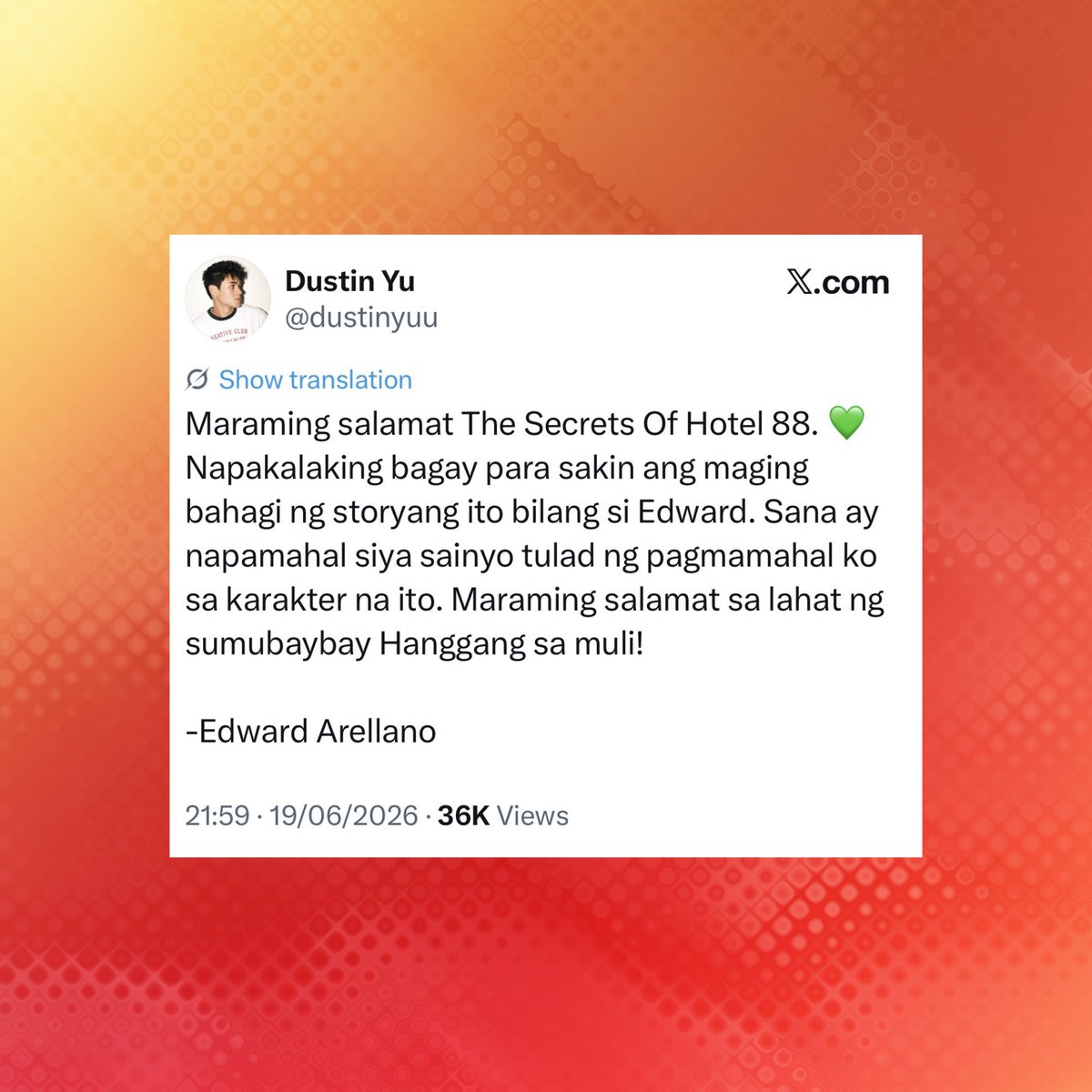 KapusoCrave's tweet photo. Dustin Yu shares message following the finale of 'The Secrets of Hotel 88':

"Napakalaking bagay para sakin ang maging bahagi ng storyang ito bilang si Edward. Sana ay napamahal siya sainyo tulad ng pagmamahal ko sa karakter na ito." https://t.co/NoNkTSFZ6T
