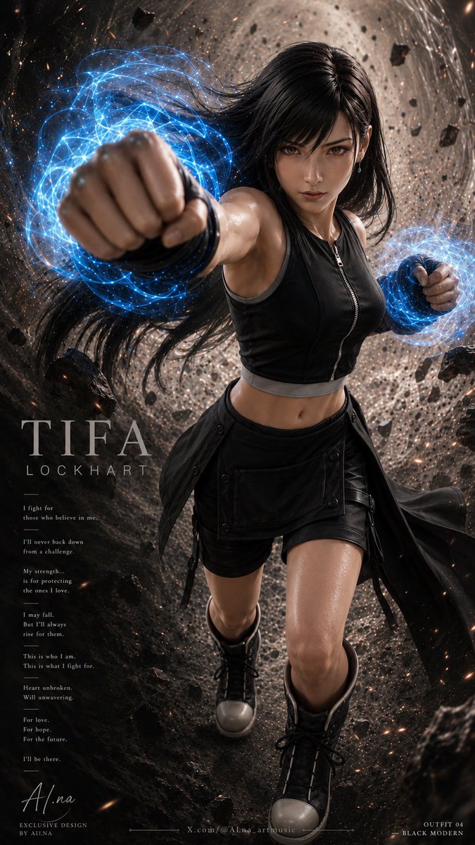 AIna_artmusic's tweet photo. Same Punching for Tifa , different outfit 

She looks like still  pure power in motion — fierce, elegant, and absolutely unstoppable even in different outfit 

Which one is your favorite?. 😍

#Tifa #TifaLockhart #FF7 #FinalFantasyVII #BlackMage #AIart #fanart #AIna https://t.co/6bHYLr5tLS