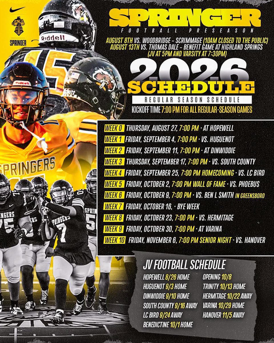 DSACoachHlee_4's tweet photo. Please note the following updates to the 2026 Football Schedule:

🏈 Varsity Football
The Springers will now travel to Greensboro, North Carolina on October 9, 2026 to take on Ben L. Smith High School.
October 16, 2026 will now serve as the team’s Bye Week.

🏈 JV Football
The JV Football team will host Trinity Episcopal School on October 13, 2026 at Highland Springs High School.
Please update your calendars accordingly. 

We look forward to another exciting season of Springer Football!
Go Springers!