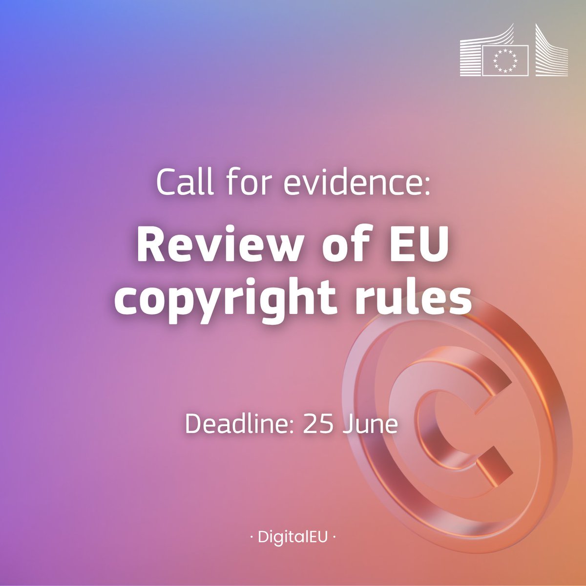 DigitalEU's tweet photo. Last days to share your views!

You have until 25 June to send your feedback on the review of EU copyright rules:

🔹measures to modernise the EU framework
🔹impact &amp; effectiveness of the 2019 Directive on Copyright in the Digital Single Market

🔗https://t.co/2JRE2Ef0ne https://t.co/F59GGxMpAj