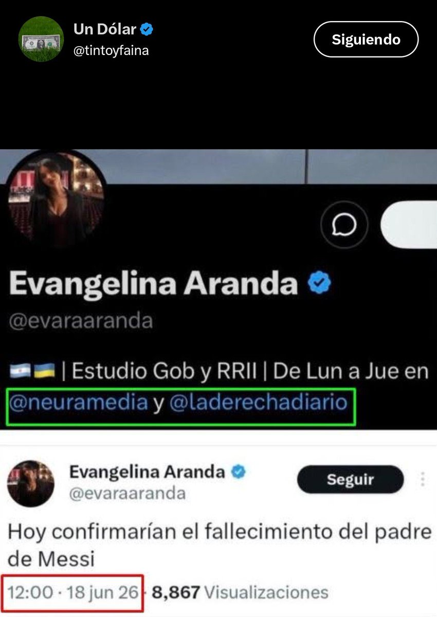 Carlos_Dimarco's tweet photo. Gente fue todo orquestado por los libereles el fake 
Eva Aranda
Trabaja para la derecha diario, neura y Anima 
Es asesora de pilar Ramirez en la lesgilatura porteña
Está negociando para irse con tronco en el senado nacional 
Es libertaria y milito para la agrupación Martin Menem.
Muy cercana a Santiago caputo.

Fue la única que tiro la información del padre de Messi en Twitter.