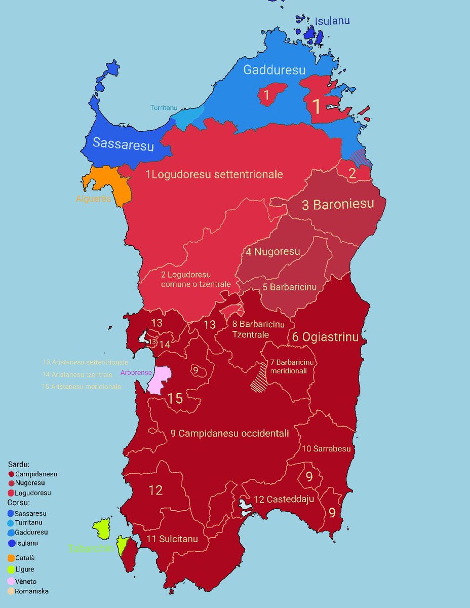 Planet_Sardinia's tweet photo. 🗣️Sardinia boasts the highest linguistic diversity among the 20 Italian regions. 

Recognized languages by Italy include Sardinian and Algherese (a variant of Catalan). 

The Autonomous Region of Sardinia also grants official recognition to Ligurian (a Gallo-Italic language from Northwest Italy) and the Corsican-influenced varieties spoken in the north of the island, namely Gallurese and Sassarese. 

Additionally, at a local level, the Venetian dialect—a language variety from Northeast Italy—is also recognized.