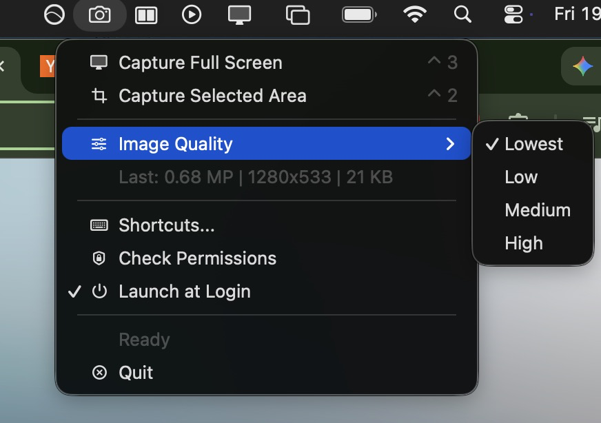 5auravv's tweet photo. I built a small macOS menu bar app for a workflow I do constantly: take a screenshot, compress it, and paste it into an AI chat or document without saving a file.

It supports full-screen and selected-area screenshots, copies directly to the clipboard, and lets you choose JPEG quality presets so pasted images are smaller. It also has configurable global shortcuts and shows the last capture size/megapixels in the menu.