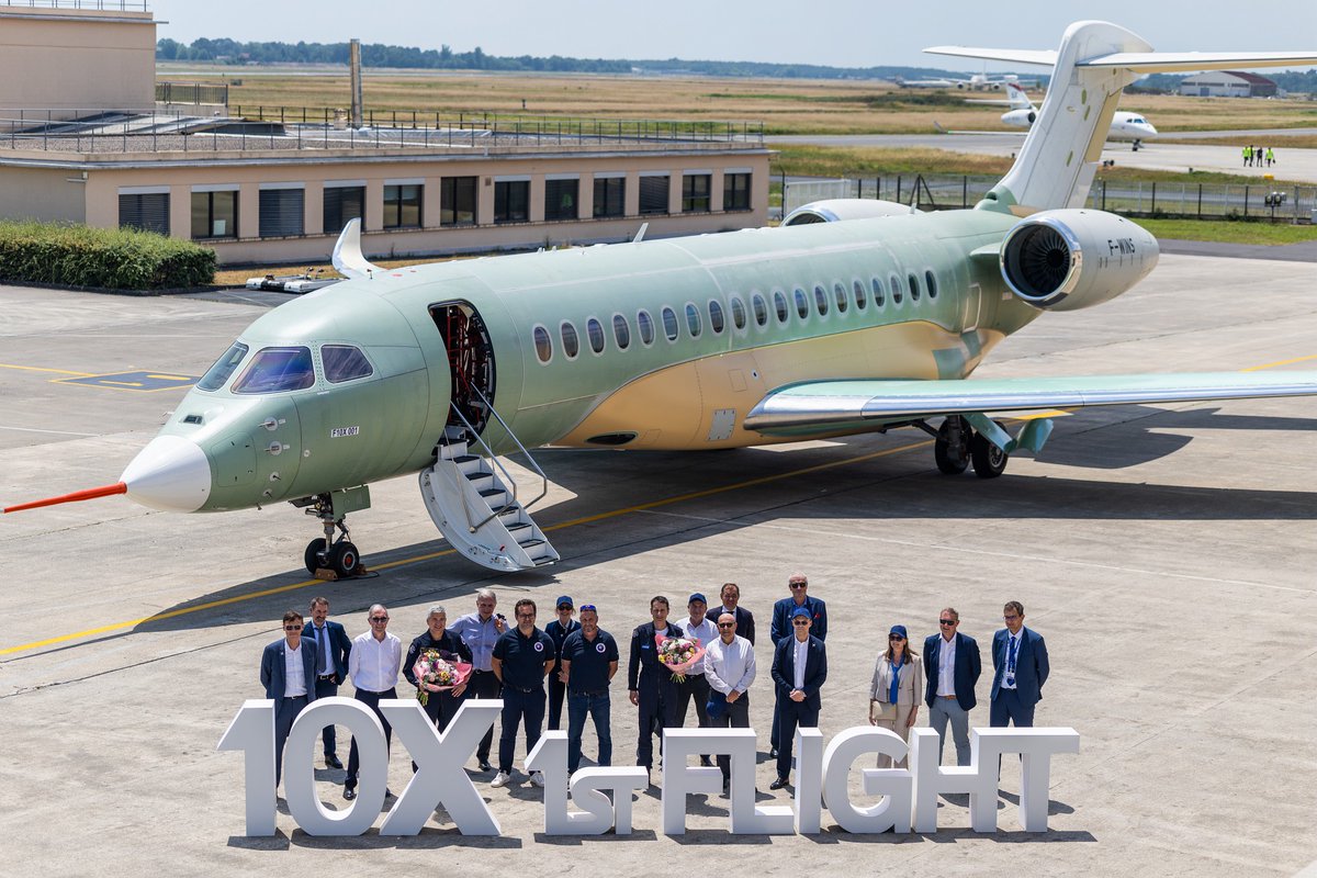 fl360aero's tweet photo. Powered by Rolls‑Royce Pearl 10X engines, Dassault Aviation's all-new Falcon 10X successfully completed its maiden flight, registering a major milestone of the program and marking the launch of the flight test campaign.

- The pilots assessed the aircraft's maneuverability and systems at 5,000 meters altitude, then retracted the landing gear and moving surfaces before climbing to 12,000 meters, where they accelerated to Mach 0.82.

- Pearl 10X features the Advance2 engine core with a superior thrust of more than 18,000lbf.

- The engine also features a new ultra-low emissions ALM combustor, which is compatible with 100% Sustainable Aviation Fuel (SAF)

- The flight took off from Dassault’s Mérignac facility near Bordeaux, France, marking the start of the aircraft’s flight test programme and another major step towards entry into service.

📸copyright: Dassault Aviation

#aircraft