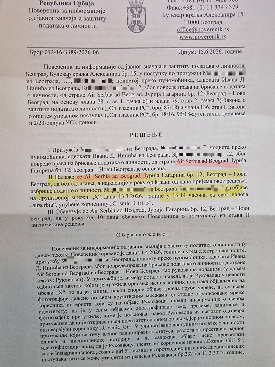 INinic's tweet photo. Da li se sećate onog BESPRIZORNOG ćaci posta ovde koji je BOT divizija  Air Serbia @airserbia @SerbianNational uputila ex zaposlenoj @Cosmic_Girl_5 ?

Evo i zvanično: Prekršili su zakon, imaju rok od 8 DANA da twit OBRIŠU, a platiće i solidnu odštetu! Dolazi vreme odgovornosti 👇 https://t.co/Y1oZ65q2nU
