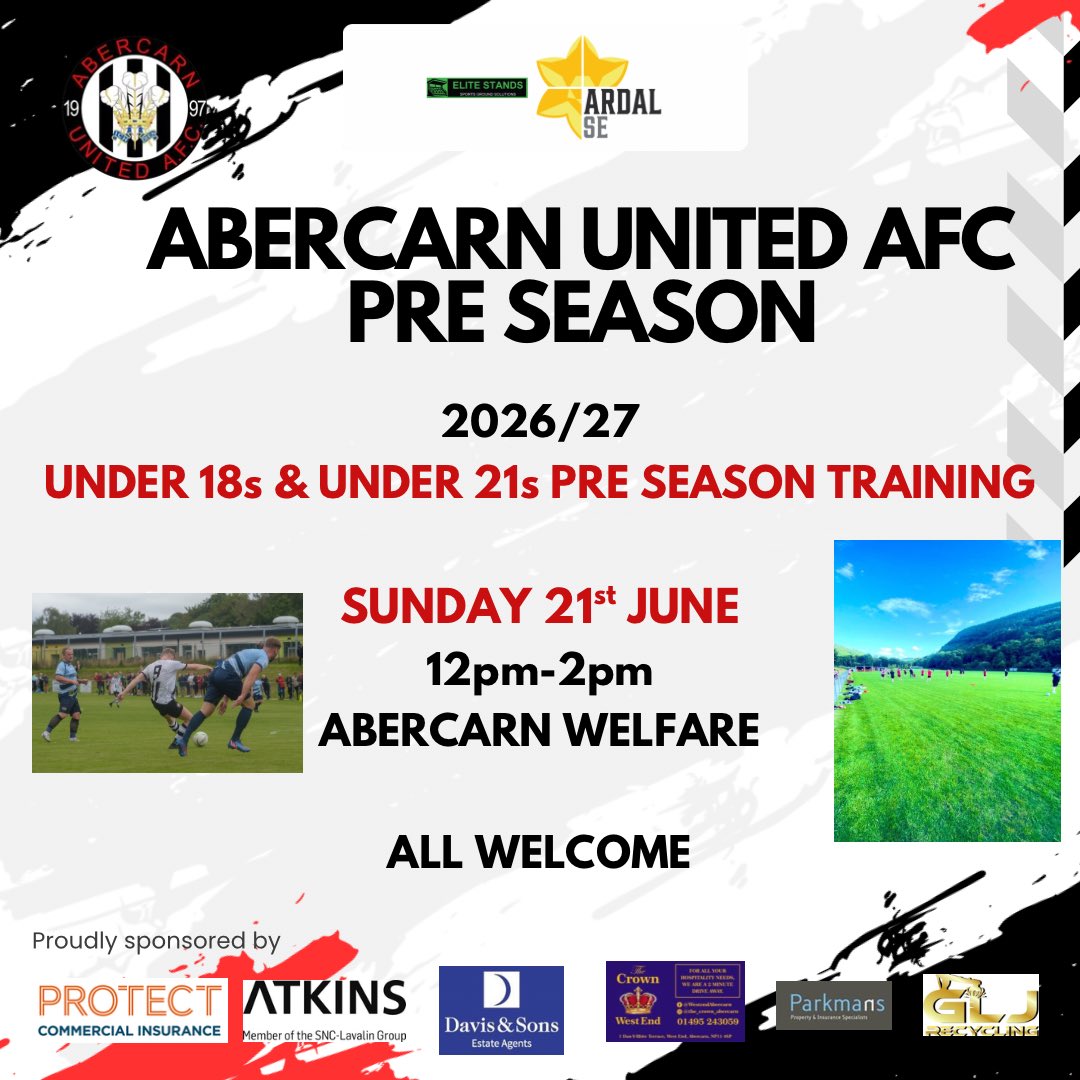 AbercarnUnited's tweet photo. ⚽️⚽️⚽️

AUFC ⚫️⚪️
Pre Season Training ⬇️ 

Sunday 21st June
Under 18s &amp; Under 21s
Abercarn Welfare 12pm-2pm

……….

Monday 22nd June
Seniors
*Islwyn High 6pm-8pm

*Senior training subject to location change we’ll keep things up to date on here

All welcome 👊🏽 

#AUFC

⚫️⚪️ https://t.co/gURpwmUEqi