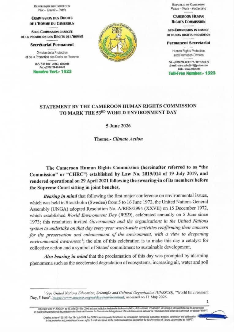 chrc_cdhc's tweet photo. STATEMENT BY THE CAMEROON HUMAN RIGHTS COMMISSION TO MARK THE 53RD WORLD ENVIRONMENT DAY  5 June 2026

Theme.- Climate Action
Read...https://t.co/nhqTV7KI0B https://t.co/Vvryb5sMXT