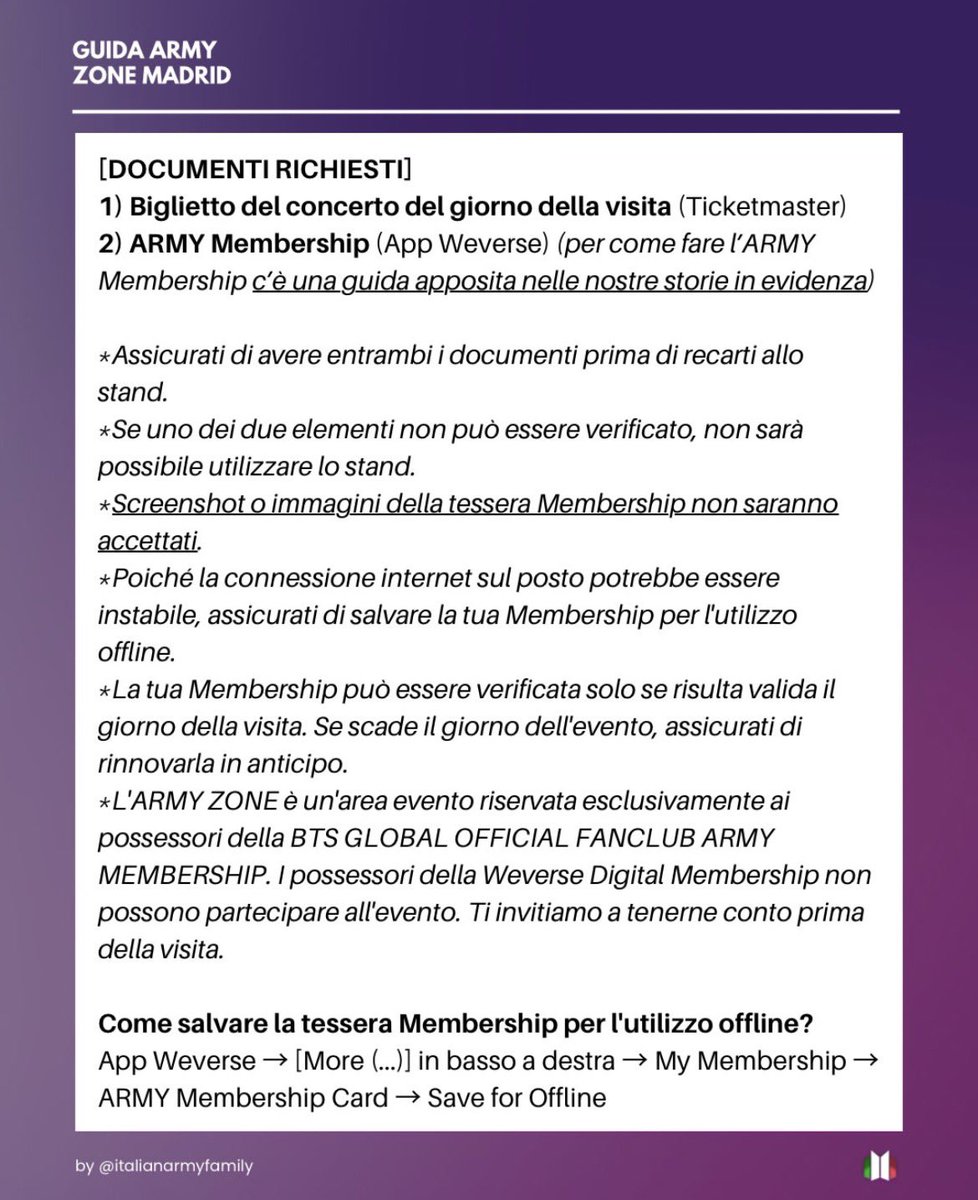 italianarmyfam_'s tweet photo. 📍GUIDA ARMY ZONE📍

Alle date di MADRID sarà presente uno stand ARMY ZONE riservato ai possessori di ARMY Membership!

✅ CHECKLIST
• ARMY Membership digitale valida
• Biglietto del concerto del giorno della visita
• Controlla attentamente posizione e orari dello stand + https://t.co/gGbu4jyPTA