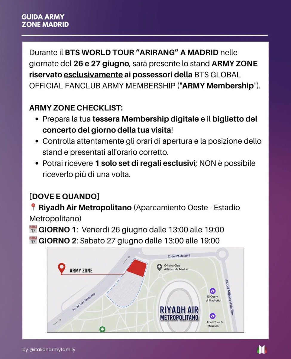 italianarmyfam_'s tweet photo. 📍GUIDA ARMY ZONE📍

Alle date di MADRID sarà presente uno stand ARMY ZONE riservato ai possessori di ARMY Membership!

✅ CHECKLIST
• ARMY Membership digitale valida
• Biglietto del concerto del giorno della visita
• Controlla attentamente posizione e orari dello stand + https://t.co/gGbu4jyPTA