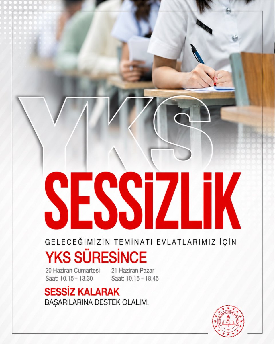 hinismem's tweet photo. 📢 YKS’ye girecek öğrencilerimizin dikkat ve motivasyonunu desteklemek için sınav saatleri boyunca sessizliğe özen gösterelim.

Geleceğimizin teminatı evlatlarımızın başarı yolculuğuna hep birlikte katkı sunalım.

@Erzurum_Mem https://t.co/uSuT3dHzLW
