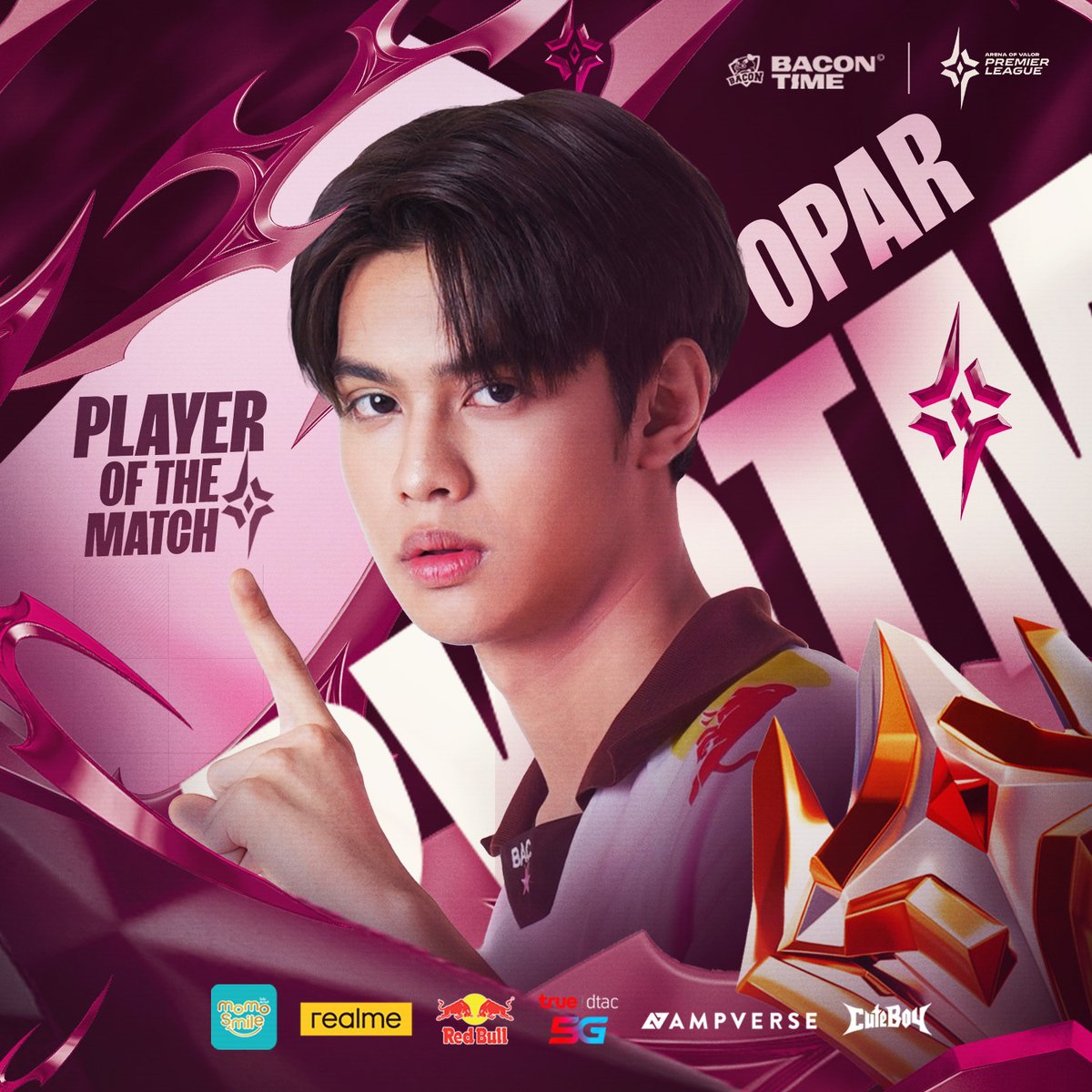 bacontimes's tweet photo. 𝐁𝐀𝐂 𝐏𝐥𝐚𝐲𝐞𝐫 𝐨𝐟 𝐓𝐡𝐞 𝐌𝐚𝐭𝐜𝐡 ประจำแมทช์ 🆚 GAM ได้แก่ Opar แครี่สุดเทพซุ้มป๋าเบค !! 
.
#APL2026 #BACdiwa #ทีมBaconTime #Ampverse https://t.co/UygnlG2qEX