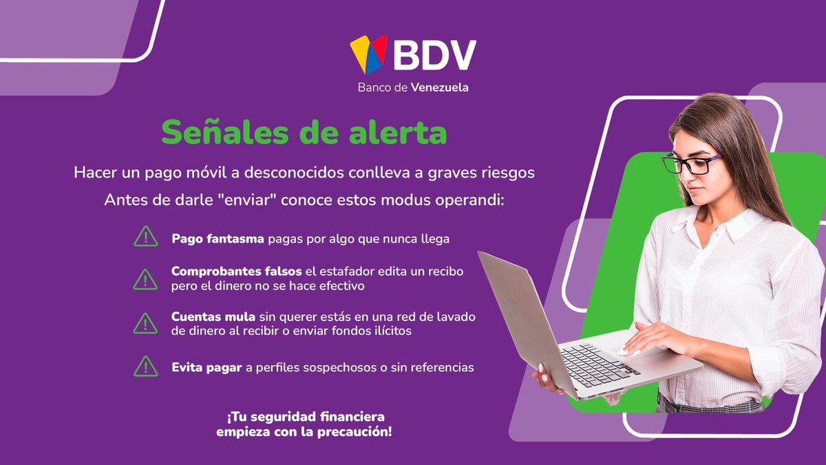 BcodeVenezuela's tweet photo. ¡Mantente alerta antes de realizar cualquier transacción! ⚠️

El BDV te invita a conocer los "modus operandi" más comunes de estafa🚫

No permitas que comprobantes falsos o cuentas desconocidas pongan en riesgo tu dinero🛡️

Tu seguridad comienza con la precaución📲 https://t.co/20b9F6NMI1