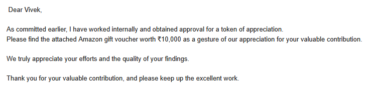 vivekps143's tweet photo. Received a ₹10,000 appreciation reward for responsibly disclosing a security vulnerability. (3 Full account takeovers)

Since there was no public bug bounty program, I wasn't expecting anything in return, so the recognition was a pleasant surprise.

#BugBounty #CyberSecurity https://t.co/tbRSHhwqul
