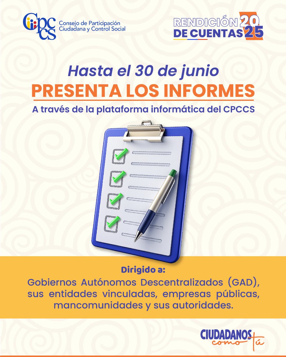 Azuay_Cpccs's tweet photo. Hasta este 30 de junio los Gobiernos Autónomos Descentralizados y sus autoridades deben entregar su informe de rendición de cuentas. @jorgeparval @CpccsEc @AndresFantoniB https://t.co/VH2g4TfFaT