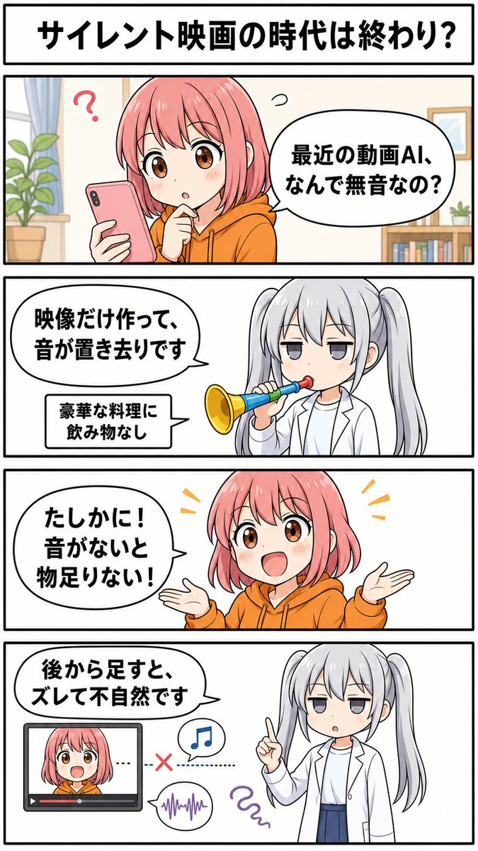 ai_paper_jp's tweet photo. 【マンガで論文解説】映像と音が同時に生まれる！18倍速の動画生成AI LTX-2とは

#4コマ漫画 #漫画が読めるハッシュタグ #AI漫画 https://t.co/hL4oLR7D3D