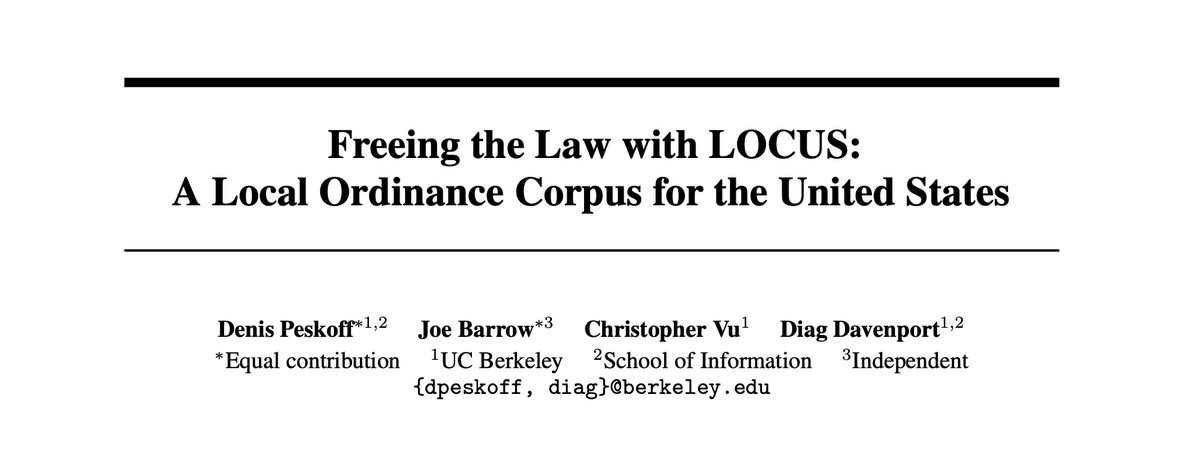barrowjoseph's tweet photo. New paper: every law in America is technically public. But not really, until now!

With @DenisPeskoff at UC Berkeley, we built a corpus of ~every publicly accessibly city and county law, and released a huge chunk of it!

2.2 million laws, you're (probably) covered in it!

🧵