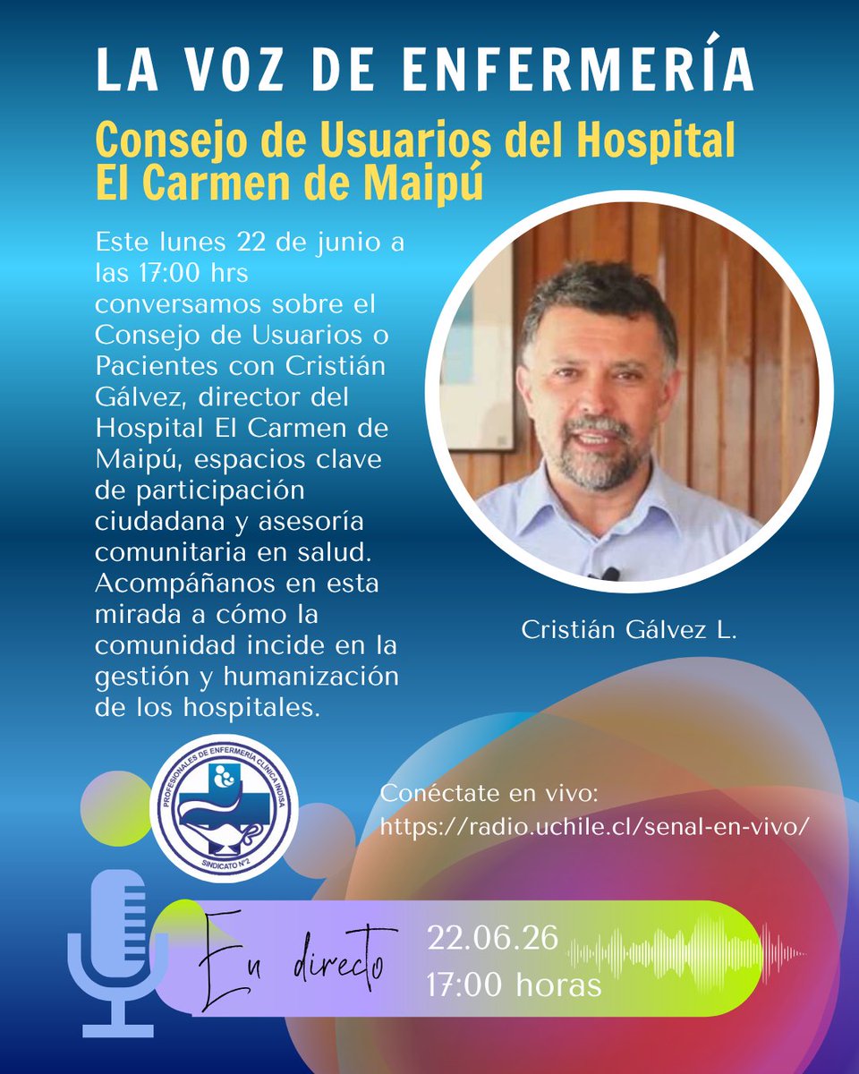 EUIndisa's tweet photo. Este lunes 22 a las 17:00 hrs conversamos con Cristián Gálvez sobre el Consejo de Usuarios del Hospital El Carmen de Maipú 🏥🤝 Espacios de participación ciudadana en salud https://t.co/aVwgoSW4kc
#lavozdeenfermería #EUIndisa https://t.co/a39zoWLKLK