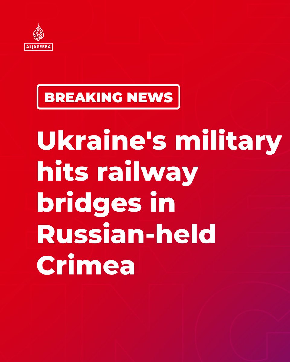 AJEnglish's tweet photo. BREAKING: Ukraine’s military struck two railway bridges used for Russian troop and supply movements in Russian-held Crimea, Ukraine's general staff says.

🔴More on https://t.co/9o3ihGGVjD https://t.co/BcgZyXc6zK