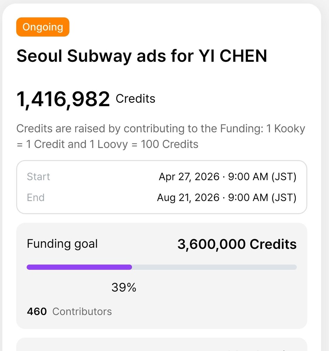 Yichen_spjp's tweet photo. 🚨Kooky Funding 

The subway ad funding project for Yichen's birthday is currently at 39% of its goal, with only two months left until the deadline!

Please cast your vote daily!🙂‍↕️

📅 〜 21 Aug 9:00KST
🔗https://t.co/KG8r22G3Zj

#YICHEN #이첸 #亦辰 #イチェン

🔗 https://t.co/e2MDo54RYx