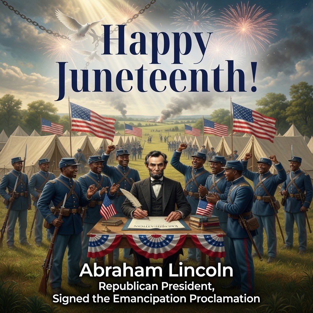 TWShannon's tweet photo. **Happy Juneteenth!** 🇺🇸

On June 19, 1865, the last enslaved Black Americans in Texas learned they were free-more than two years after Republican President Abraham Lincoln signed the
 **Emancipation Proclamation**.

The Republican Party was founded in 1854 to end slavery. Democrats fought a Civil War to keep Black Americans in chains.

The GOP ended slavery. Never forget.

🕊️✊🏾

#Juneteenth #Lincoln #RepublicanHistory #AmericanHistory #BlackHistory