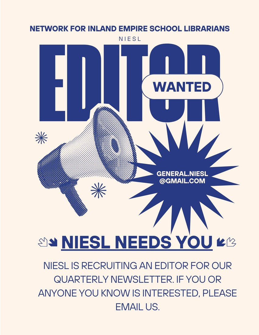 NIESLorg's tweet photo. We are still looking for an editor! Contribute your skills to help support your fellow school librarians while building your resume! https://t.co/McVJES465R
