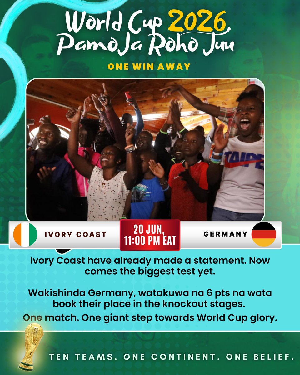 FitGal254's tweet photo. Africa has already announced itself at the world cup! Now comes the biggest test yet! 

Ivory Coast are one win away from booking a place in the knock-out stages but Germany stands in their way. This match will be 🔥🔥🔥Utaionea wapi lakini??🤔

#PamojaRohoJuu 
#TeamAfrica https://t.co/j6c3qE7BPx