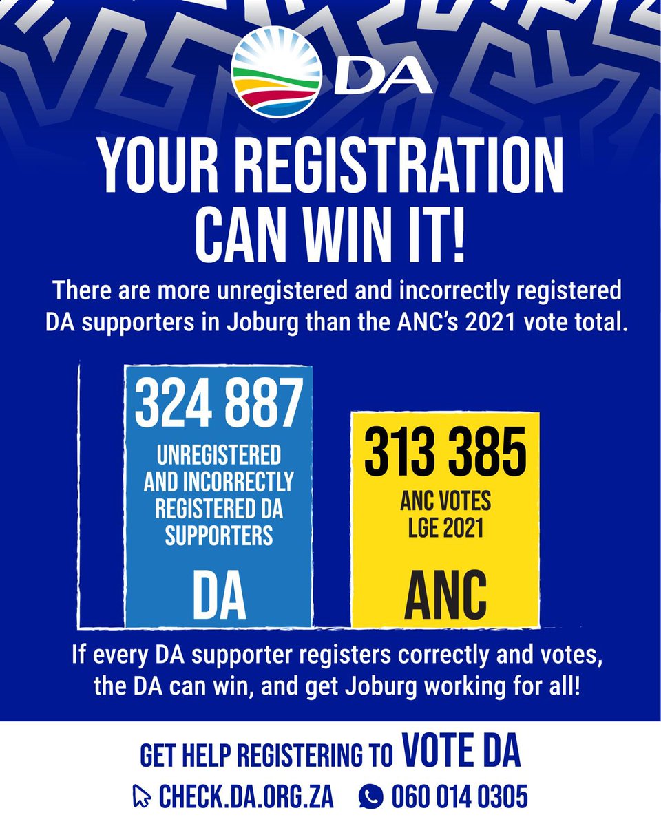 HelenZille4Jozi's tweet photo. Don’t wait till the last minute and sit with regret for another 5 years. Register to vote now at https://t.co/Am7AYyokoI or visit us at any voting station this weekend the 20th and 21st June. Let’s fix Joburg! 🗳️🇿🇦

#BelieveInJoburg #Zille4Mayor https://t.co/5CCftJAznB