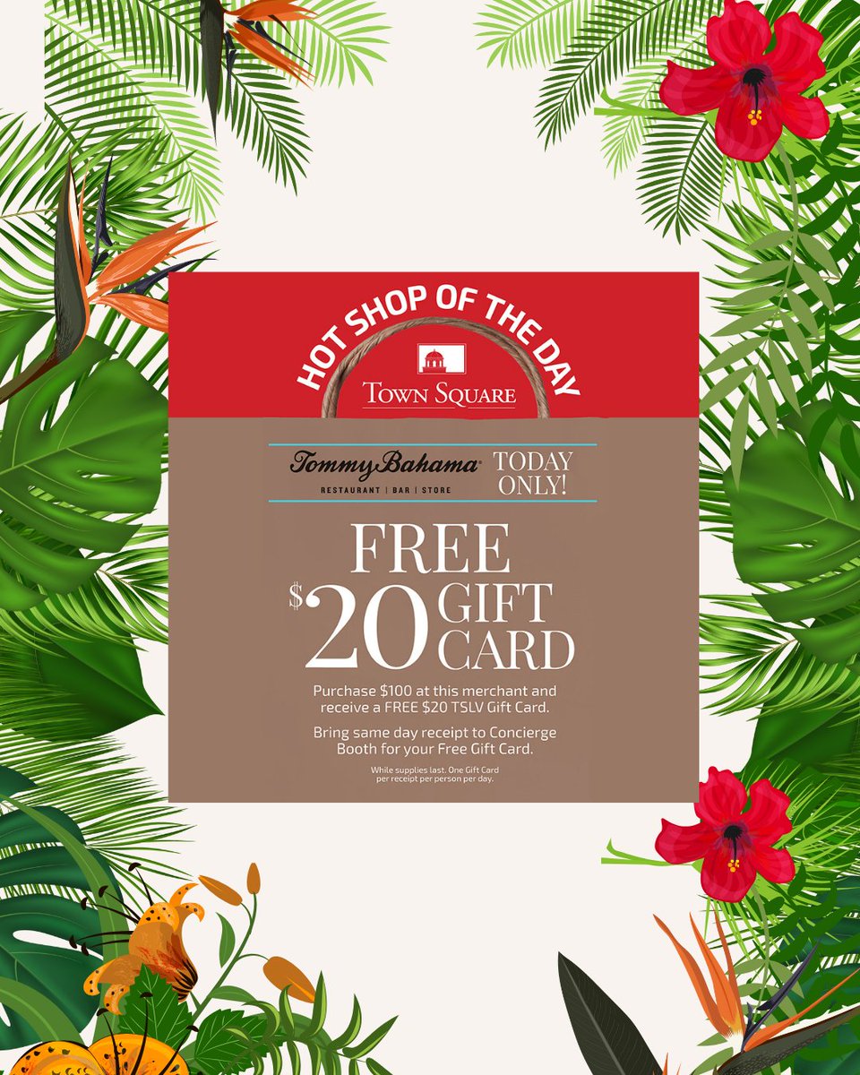 ShopTownSquare's tweet photo. It's a Tommy Bahama Friday at Town Square Las Vegas! Because as our 🔥HOT SHOP OF THE DAY🔥 when you spend $100 or more at Tommy Bahama today, you'll receive a free $20 to Town Square.

Valid today, Friday 6/19, only! https://t.co/rbenw7Xeno