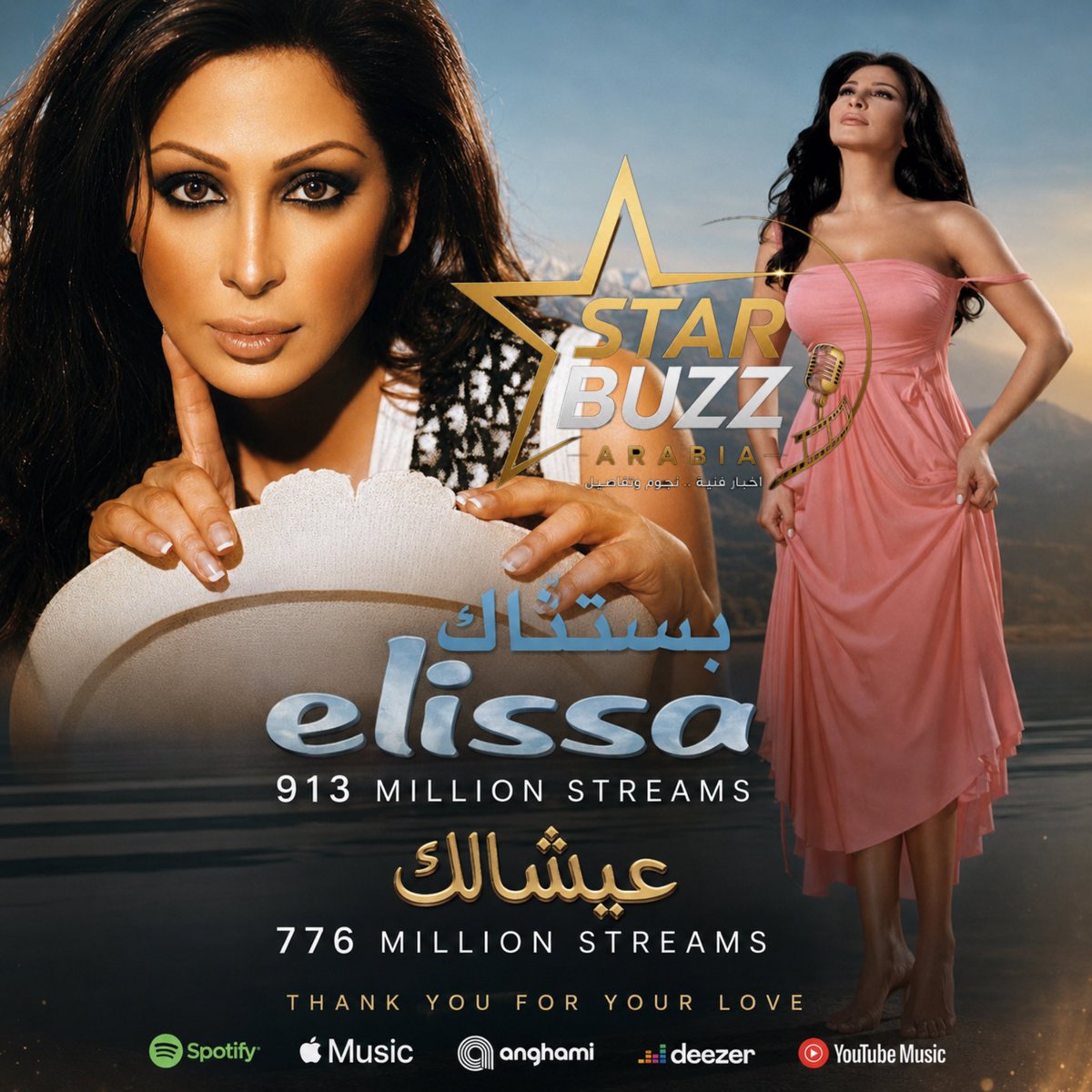 StarBuzzArabia's tweet photo. تواصل النجمة  #إليسا كتابة فصل جديد من النجاحات وتحطيم الأرقام القياسية، حيث تواصل ألبوماتها الخالدة حصد المزيد من الإنجازات على المنصات الرقمية. فقد تجاوز ألبوم «عيشالك» حاجز 776 مليون استماع، بينما اقترب ألبوم «بستناك» من المليار محققا 913 مليون استماع، في تأكيد جديد على المكانة التي تحتلها إليسا في عالم الموسيقى اواستمرار جماهيريتها عبر اجيال
@elissakh