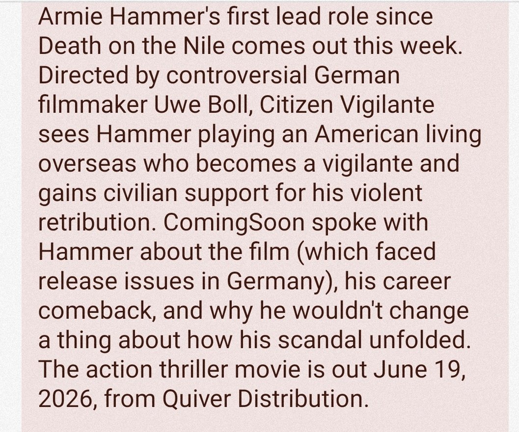 AdriennGeosits's tweet photo. Armie Hammer Talks Career Comeback,Citizen Vigilante,&amp; Why His Cancellation Was Beautiful...today is the Citizen Vigilante Day!!Available on digital platforms today!!

Link: https://t.co/OYBh22PXrq

@uweboll7 #armiehammer #uwebollfilm #citizenvigilantemovie  #supportarmiehammer https://t.co/xmChl8aWE8