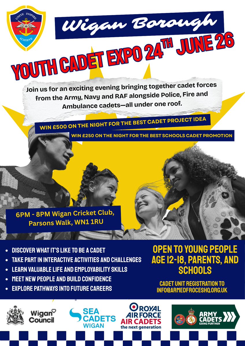 LaticsCommunity's tweet photo. Interested in what it’s like to be an Army, RAF, Navy, Police, Fire or Ambulance Cadet?

@armedforceshq are hosting a Youth Cadet &amp; Blue Light Expo for Armed Forces Week!
📍 Wigan Cricket Club
📅 Wednesday 24th June
🕡 6 PM – 8 PM
😃 For ages 12–18

Find out more 👇

#wafc 🔵⚪️ https://t.co/apyataWm5n