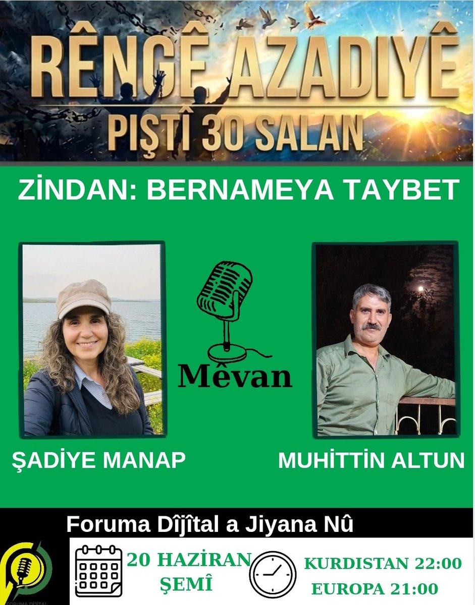 yydFermi1's tweet photo. Bernameya Taybet.
✓ Em ê Sibe êvarê bi Mêvanên me yên piştî 30 salan di girtîgehê de ma ne û hatine berdan eme Rewşa Zindana hildin dest û nîqaş bikin..
✓ Yarın akşam  30 yıllın ardında özgürlüklerina kavuşan zindan çıkışlı iki yoldaşımız ile Zindanlarda ki durumu ele alacağız https://t.co/FFsjzxVavV