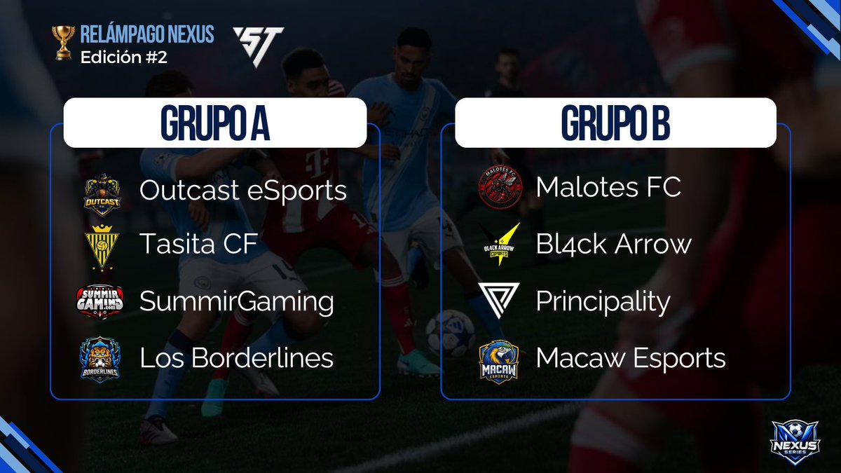 Nexus_Series's tweet photo. 🏆𝗥𝗲𝗹𝗮𝗺𝗽𝗮𝗴𝗼 𝗡𝗲𝘅𝘂𝘀 #2
🗓️22/6/2026

¡Ya tenemos los grupos de esta segunda edición, nos vemos el lunes!

1⃣𝗚𝗥𝗨𝗣𝗢 𝗔
@eSportsOUT_  
@TasitaCF 
@SummirGaming 
@LBorderlines 

2⃣ 𝗚𝗥𝗨𝗣𝗢 𝗕
@LosMalotesFC 
@Bl4cKArroW_Club 
@Principality_es 
@MACAWeSPORTS 

#FC26 https://t.co/xRO5TntLjx