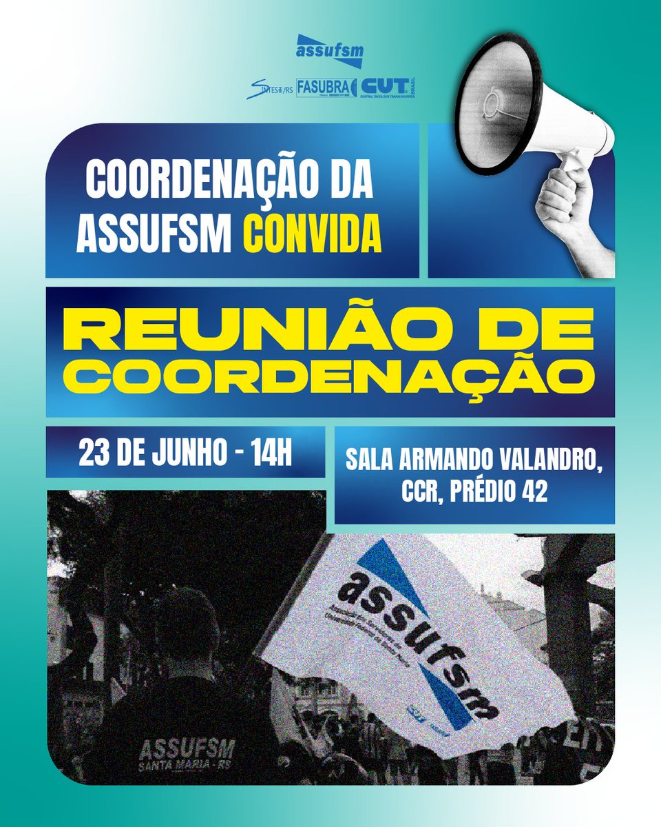 assufsm's tweet photo. ➡ Na terça-feira, 23 de junho, às 14h, a Coordenação da Assufsm realizará sua reunião presencial na sala Armando Valandro, CCR, Prédio 42.

A reunião é aberta a quem desejar participar e contribuir com o diálogo.

✊ TAE, participe das decisões da sua categoria! https://t.co/4GI6V25dAT