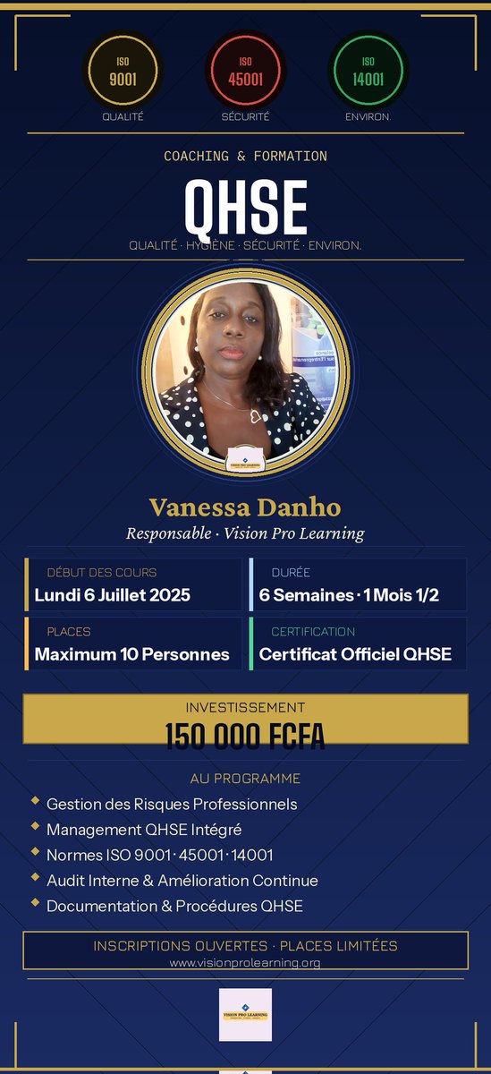 VisionP_learn's tweet photo. 🎓 Formation QHSE certifiante — ISO 9001 · 45001 · 14001
✅ Gestion des risques
✅ Coaching intensif · 6 semaines
✅ Max. 10 places · Début 6 juillet
💰 150 000 FCFA · Certificat délivré
⚠️ Places limitées — ☎️ 0504591677
👉 https://t.co/T3t4WfBSUT
#QHSE #ISO #VisionProLearning https://t.co/4q7PW4bg4p