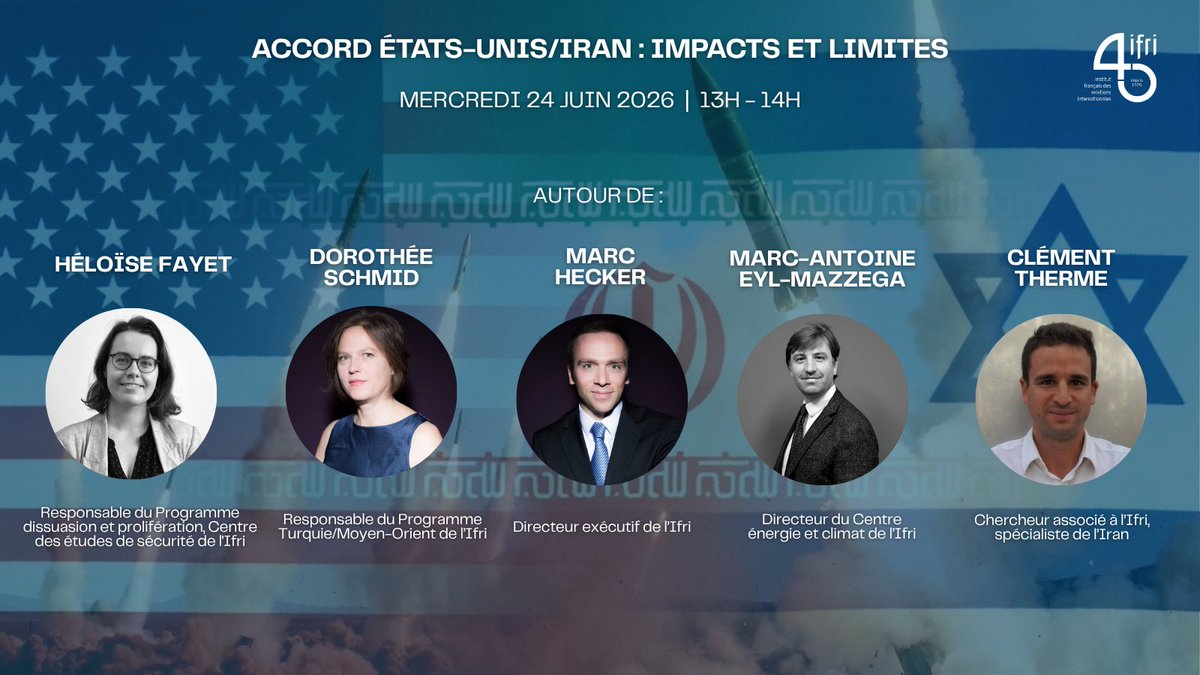 IFRI_'s tweet photo. [🌐 Inscription visioconférence] 📌 Mercredi 24 juin 2026 de 13h à 14h.

🇺🇸🇮🇷 Dans la nuit 14 au 15 juin, les États-Unis et l’Iran ont annoncé avoir trouvé un accord pour mettre fin à la guerre déclenchée 3 mois et demi plus tôt.

Pour évaluer la portée de cet accord, l'Ifri réunit plusieurs de ses experts du Moyen-Orient et de sujets transversaux : @HFayet , Dorothée Schmid, @M_Hecker, Marc-Antoine Eyl-Mazzega et @ThermeClement.

Inscription obligatoire sur le site de l'Ifri ⤵️
https://t.co/A8Ey0ypnIM