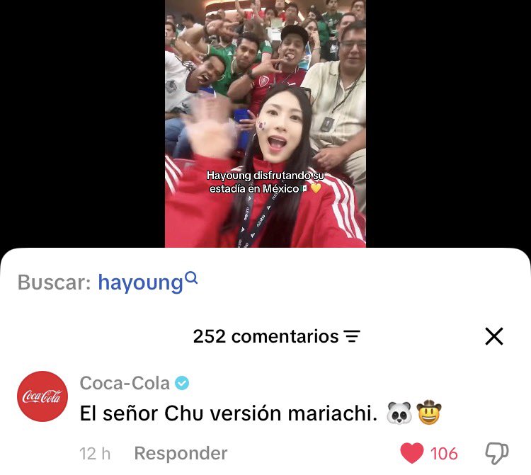 LegendaryApink's tweet photo. The arrival of Oh Hayoung in Mexico after the start of the FIFA World Cup 2026 has become a topic of conversation. In a recent post on Titkok from a Dolce Vita user, the official Coca-Cola account commented on the post that is going viral

“El señor Chu version mariachi 🐼🤠 https://t.co/nush90OtLJ