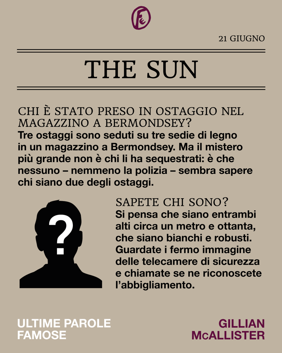 FaziEditore's tweet photo. È il 21 giugno, il giorno più lungo dell’anno, e Camilla sta pulendo il seggiolone della piccola Polly, che ha appena fatto colazione e gioca tranquilla sul tappeto. Oggi, per la prima volta dopo mesi, Cam porterà la sua bambina all’asilo e tornerà al suo lavoro di agente letteraria. Il congedo di maternità è terminato. Finalmente. È una giornata importante per lei, ma quando si è svegliata suo marito Luke non c’era. Cercando di non rimuginare troppo sulla sua assenza, Cam arriva in ufficio. Tra un’ora, la sua vita cambierà per sempre, ma lei ancora non lo sa. E poi tutto ha inizio. Il televisore appeso alla parete sta trasmettendo il telegiornale. Ultime notizie: a Londra è in corso il sequestro di alcuni ostaggi. Nel giro di poco la polizia si presenta in agenzia. Cercano lei. Luke è coinvolto. Ma non è un ostaggio. Suo marito, padre affettuoso ed eterno ottimista, è il sequestratore. Mentre le casca il mondo addosso, Camilla si rende conto che la sua prossima mossa sarà cruciale. Perché soltanto lei sa cosa c’è scritto sul biglietto che il marito le ha lasciato quella mattina. Quanto conosce davvero l’uomo che ama? E quali pericoli dovrà affrontare se tutta la sua vita è stata costruita attorno a una menzogna?

«Ultime parole famose» di @GillianMAuthor vi aspettta in libreria e online.

#fazieditore #darkside