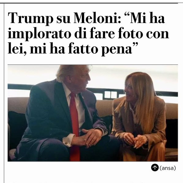 hypermacbeth's tweet photo. Trump su Meloni

senza ginocchiere

che spettacolo https://t.co/WFvFLGY53d