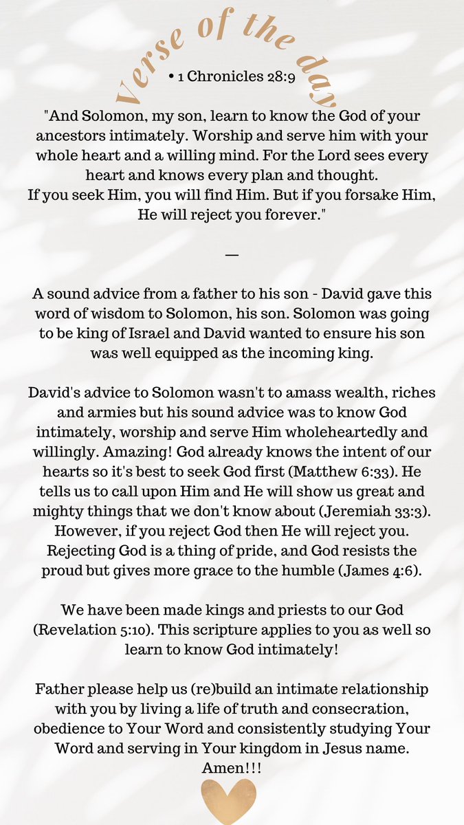 Jacky_Ak's tweet photo. A sound advice from a father to his son - David gave this word of wisdom to Solomon, his son.David's advice to Solomon wasn't to amass wealth, riches and armies but his sound advice was to know God intimately, worship and serve Him wholeheartedly and willingly. Amazing! https://t.co/jjZ25W7aok