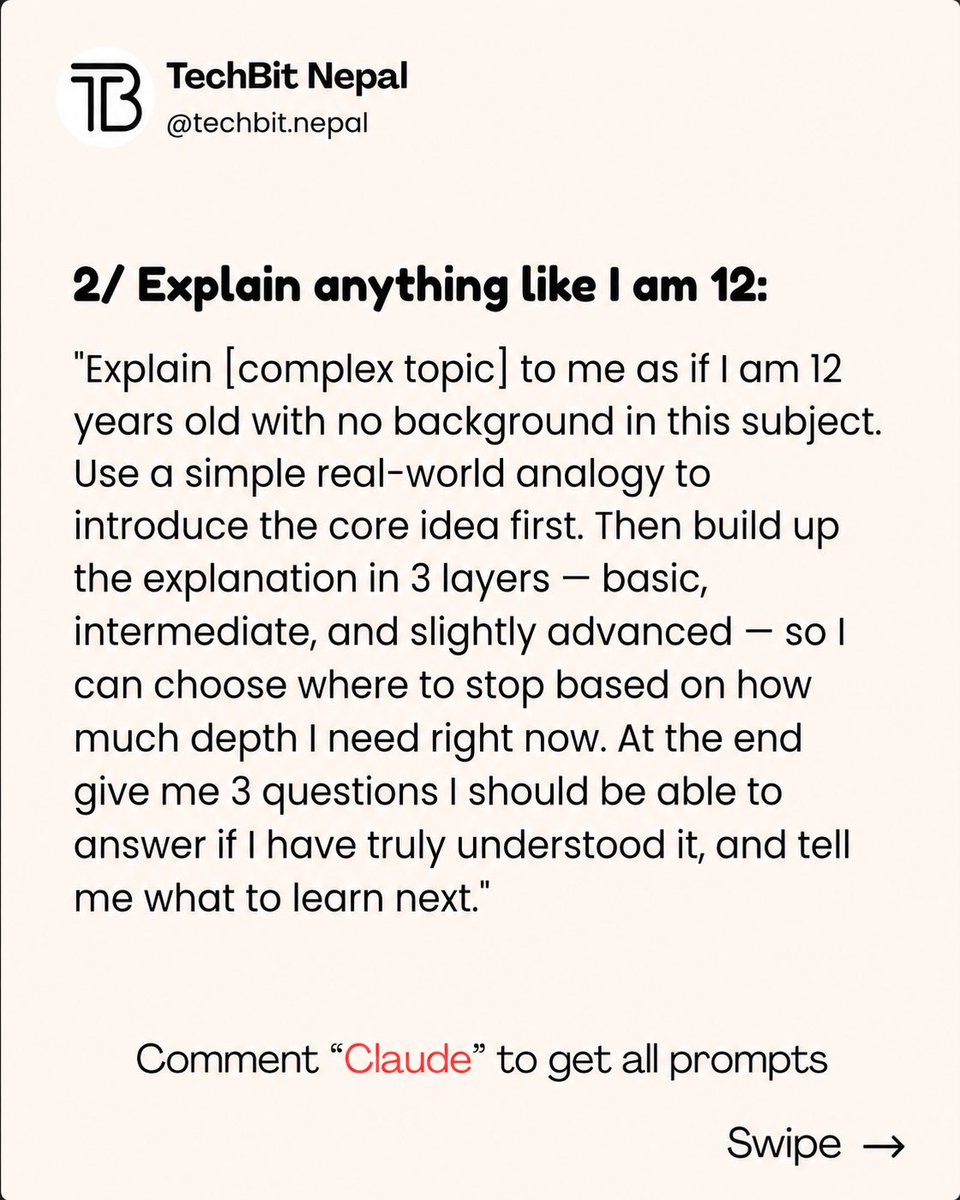 Techbit_Nepal's tweet photo. 🔥 5 Claude prompts : To learn anything for free
Steal them before everyone else does. ⚡

#techbitnepal #claudeai #aiprompts #technepal #nepaltech https://t.co/yGbQygJQVF
