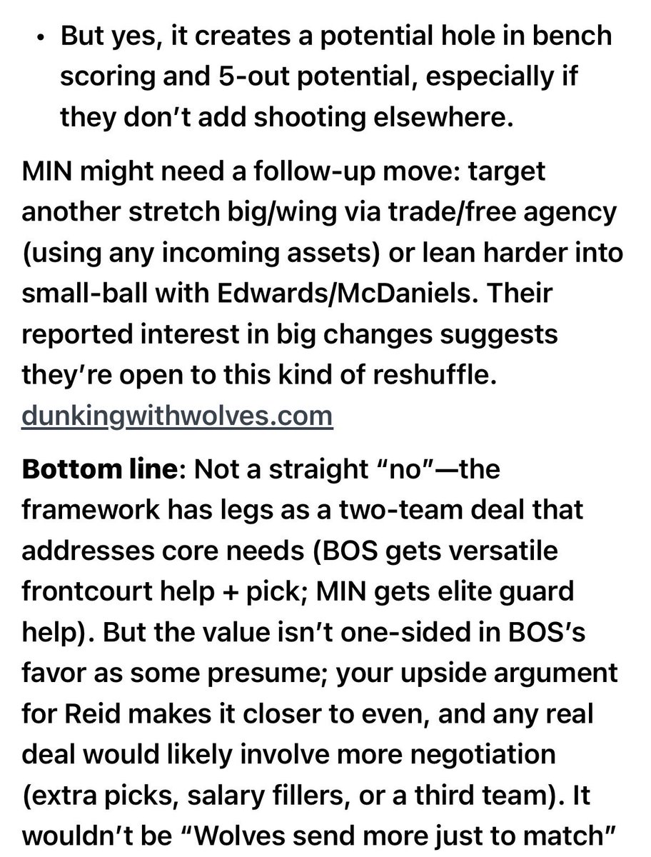 SportsMinny's tweet photo. Reid is younger and has higher upside than Whiteโฆ plus then it necessitates another coordinated move to bring back a floor spacing big from somewhere else. Not a straight no as it unclogs #Twolves frontcourt but creates shooting hole at same time โ iโd be surprised if itโs straight up or minny needing to top up (unless Brad senses Timmy getting really thirsty ;)